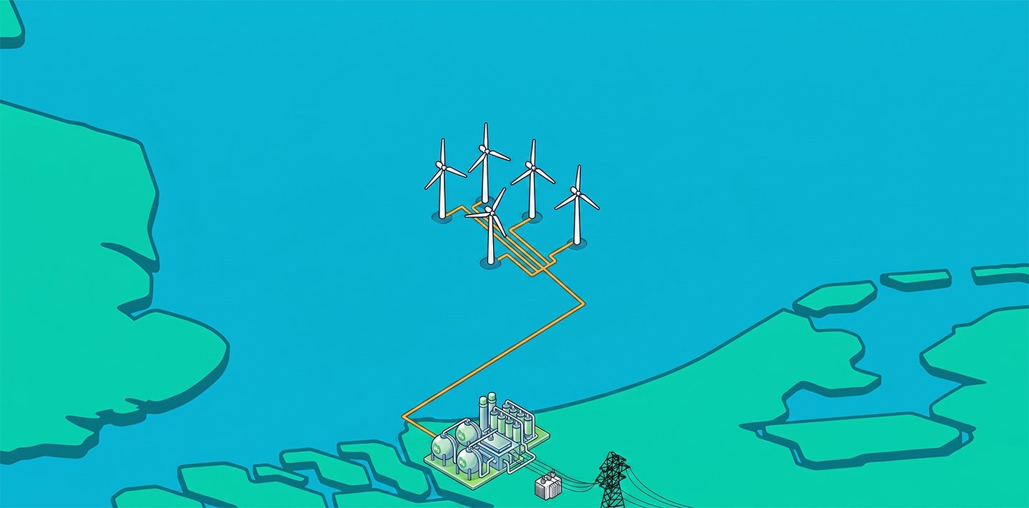Map of the Zeevonk wind farm, electrolyser, and Dutch grid integration